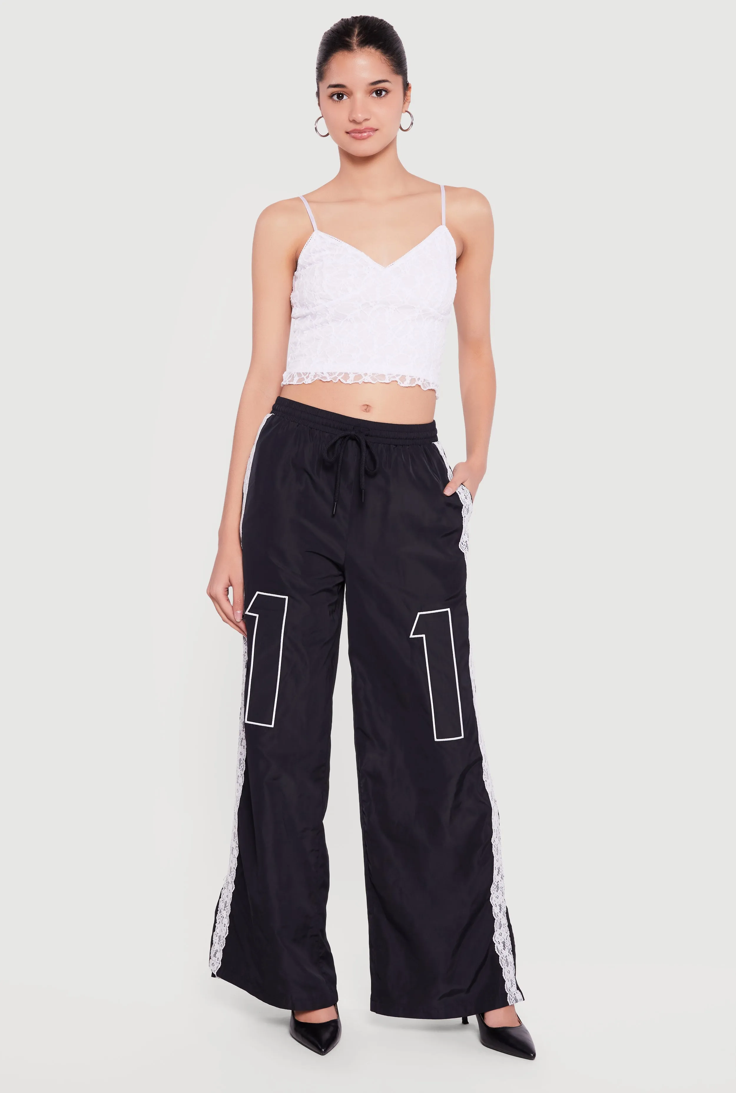 Drawstring Waist Lace Detail Graphic Wide Leg Pants sold by Rainbow