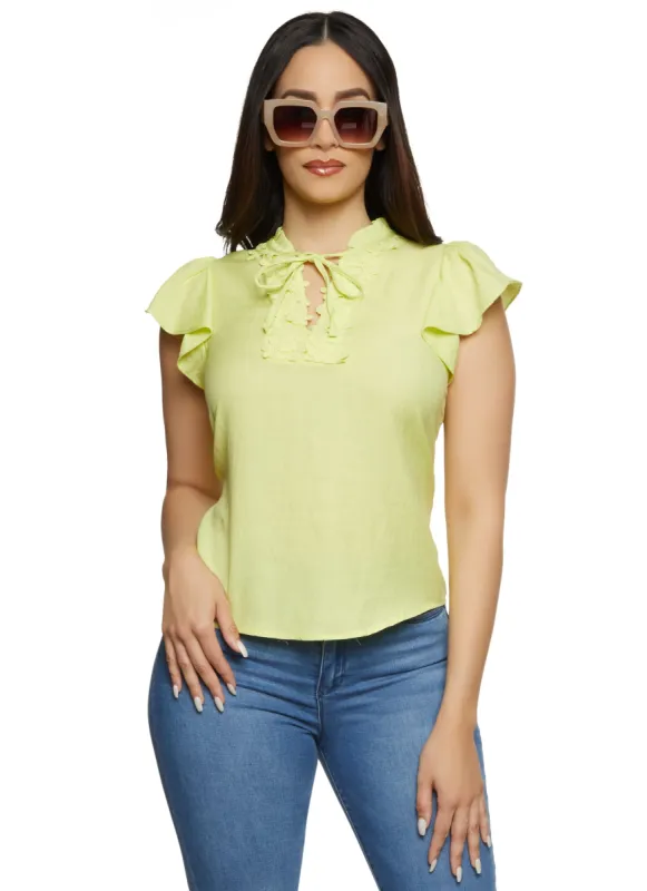 Iris Gauze Knit Crochet Detail Tie Neck Blouse sold by Rainbow