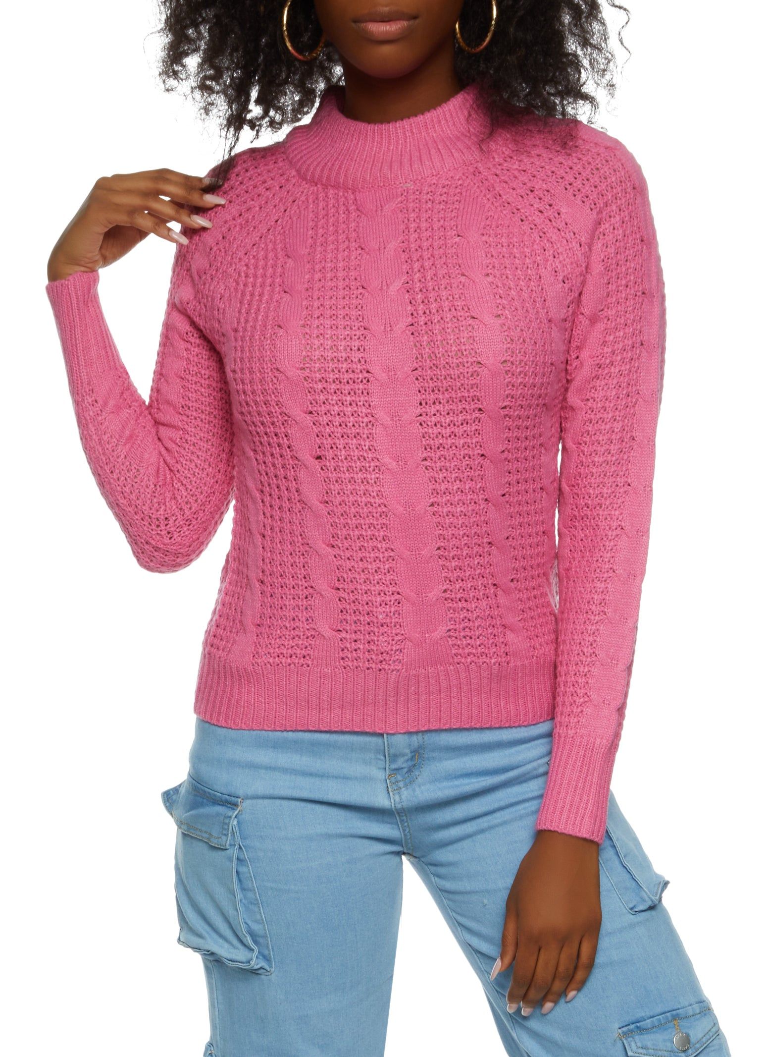 Mock Neck Cable Knit Sweater sold by Rainbow