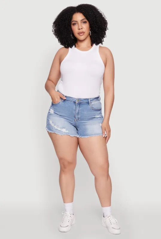 Plus Size WAX Frayed Hem Denim Shorts sold by Rainbow
