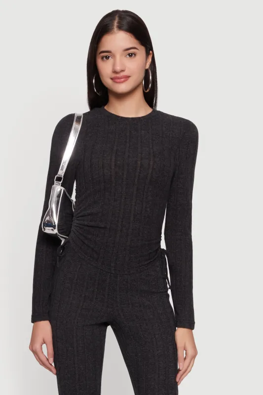 Brushed Ribbed Knit Ruched Long Sleeve Top made by Rainbow
