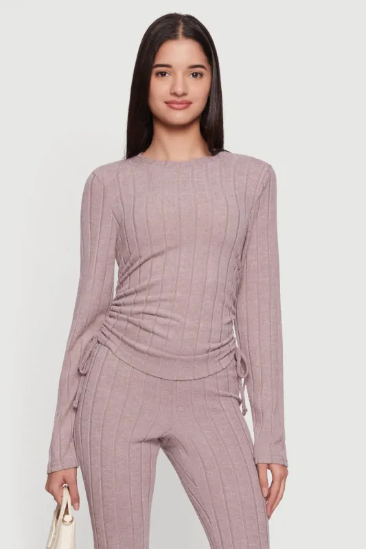Brushed Ribbed Knit Ruched Long Sleeve Top sold by Rainbow