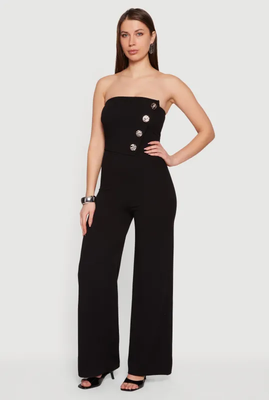 Crepe Knit Asymmetrical Faux Button Front Jumpsuit sold by Rainbow
