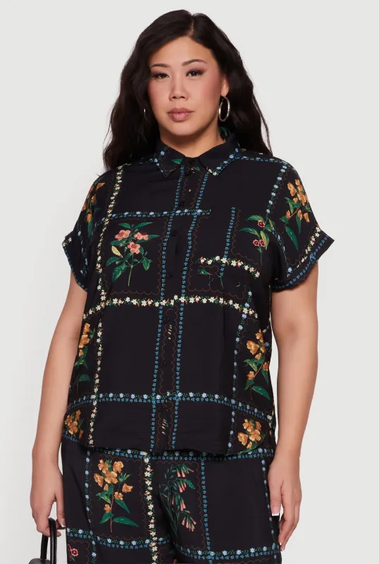 Plus Size Crepe Knit Floral Print Button Front Blouse sold by Rainbow