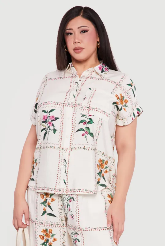 Plus Size Crepe Knit Floral Print Button Front Blouse made by Rainbow