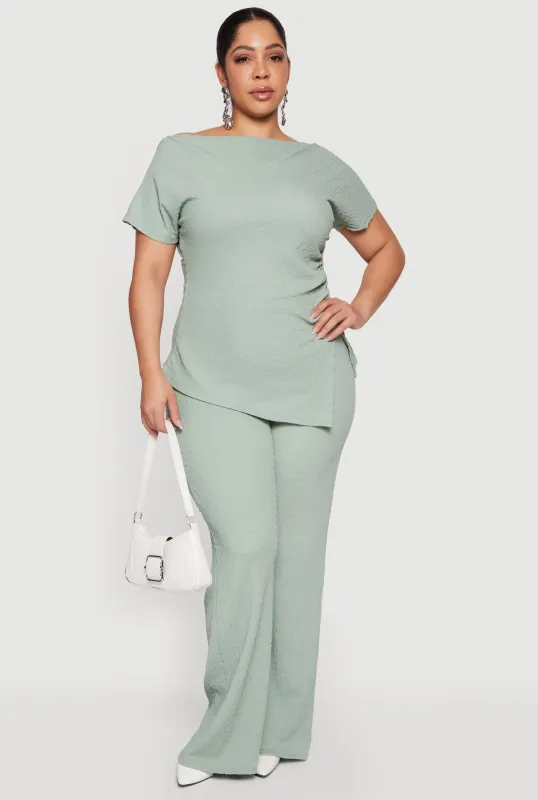 Plus Size Textured Knit High Waisted Wide Leg Pants sold by Rainbow