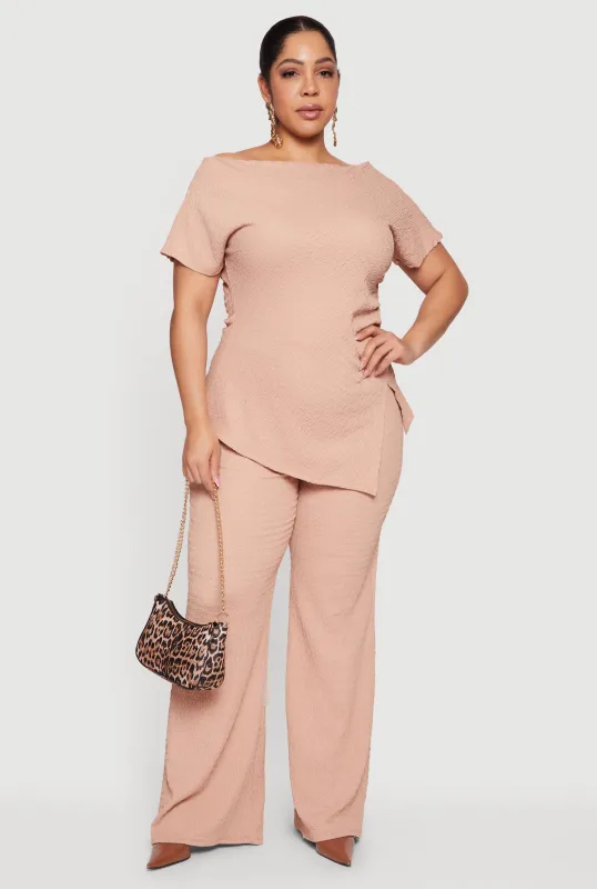 Plus Size Textured Knit High Waisted Wide Leg Pants sold by Rainbow