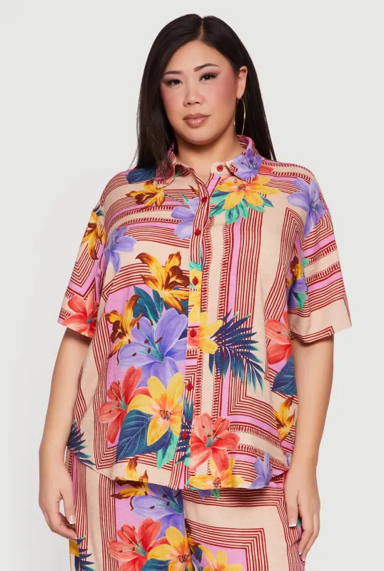 Plus Size Printed Button Front Floral Camp Shirt sold by Rainbow