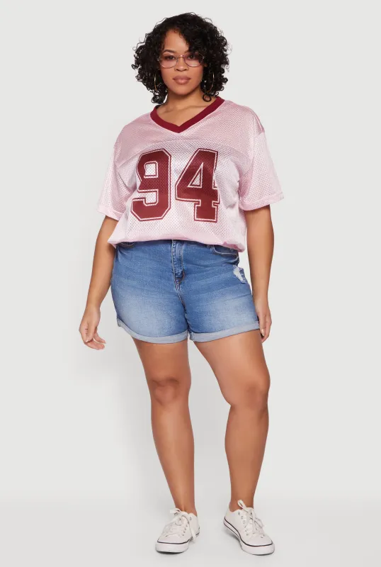 Plus Size Contrast Trim Bubble Hem Graphic Mesh Jersey made by Rainbow