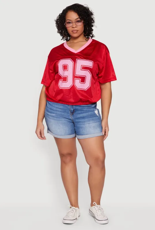 Plus Size Contrast Trim Bubble Hem Graphic Mesh Jersey sold by Rainbow