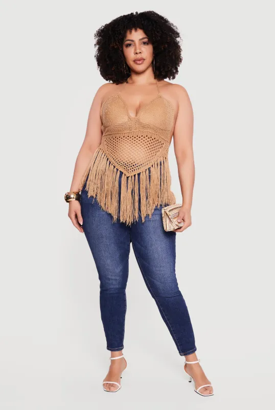 Plus Size Crochet Tie Back Fringe Halter Top sold by Rainbow