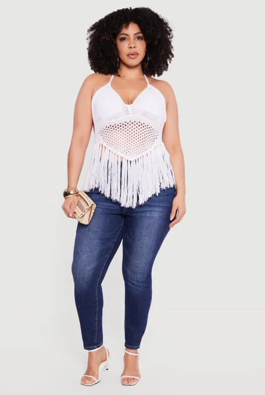 Plus Size Crochet Tie Back Fringe Halter Top sold by Rainbow