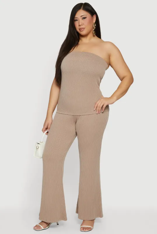 Plus Size Rib Knit Pull On Flare Pants sold by Rainbow