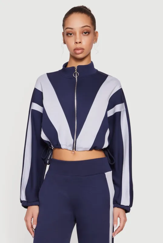 Color Blocked Drawstring Waist Zip Front Crop Sweatshirt sold by Rainbow
