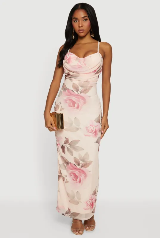 Keyhole Back Sweetheart Cowl Neck Floral Mesh Bustier Dress sold by Rainbow