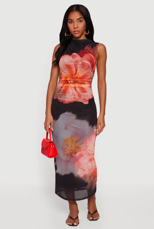 Almost Famous Floral Mesh Ruched Side Sleeveless Maxi Dress sold by Rainbow