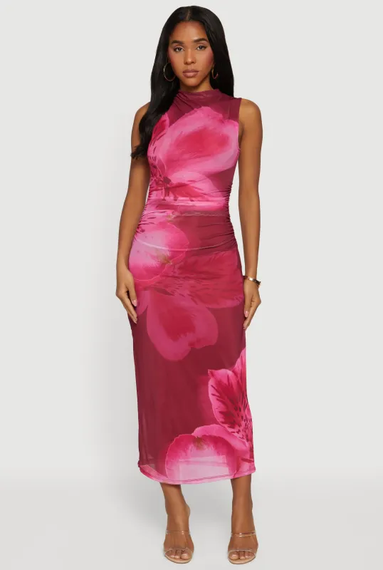 Almost Famous Floral Mesh Ruched Side Sleeveless Maxi Dress sold by Rainbow