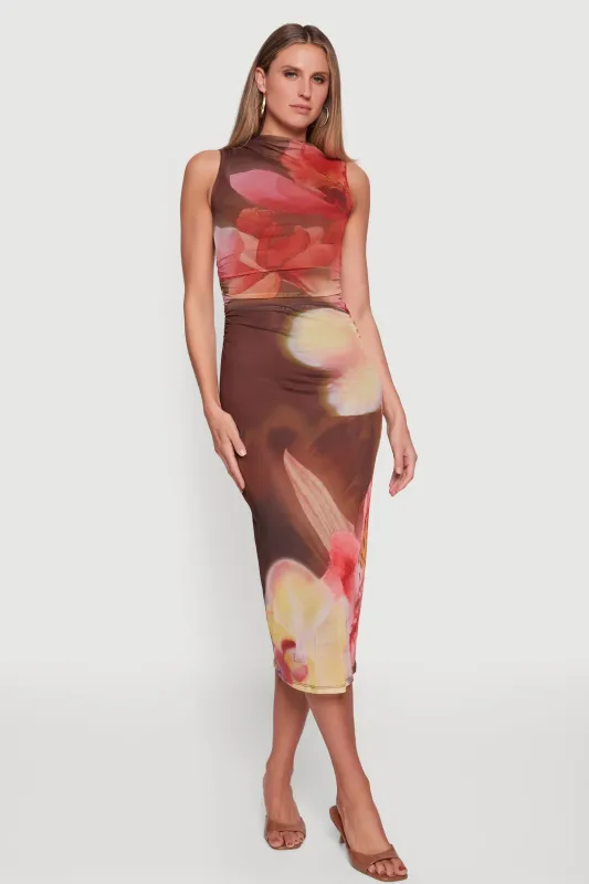 Almost Famous Floral Mesh Ruched Side Sleeveless Maxi Dress sold by Rainbow