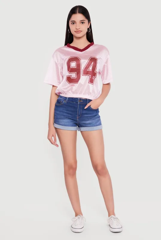 Almost Famous Cropped Bubble Hem Graphic Football Jersey made by Almost Famous