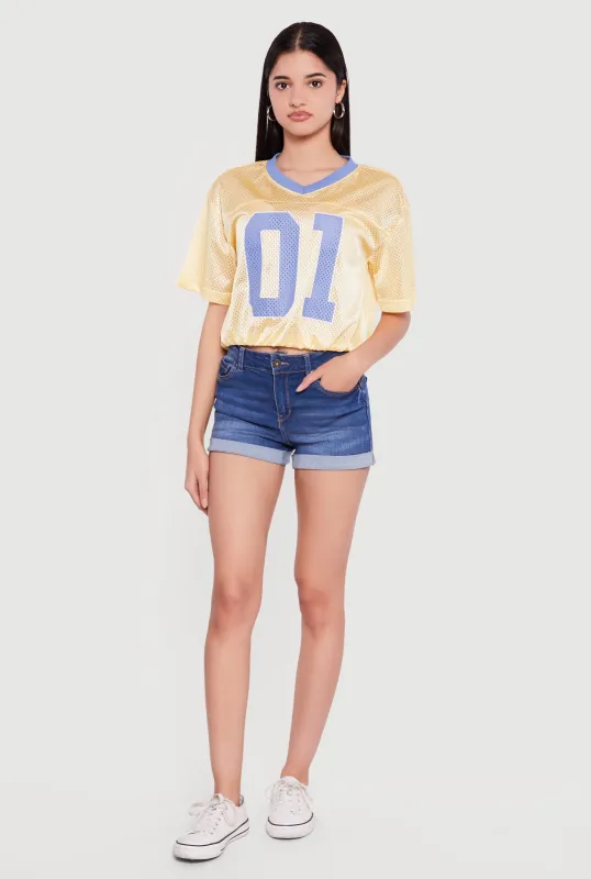 Almost Famous Cropped Bubble Hem Graphic Football Jersey made by Almost Famous