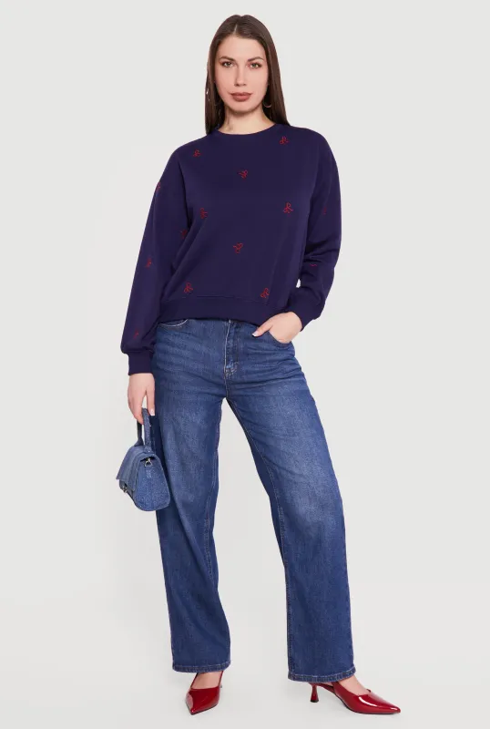 Embroidered Bow Long Sleeve Crew Neck Pullover Sweatshirt sold by Rainbow