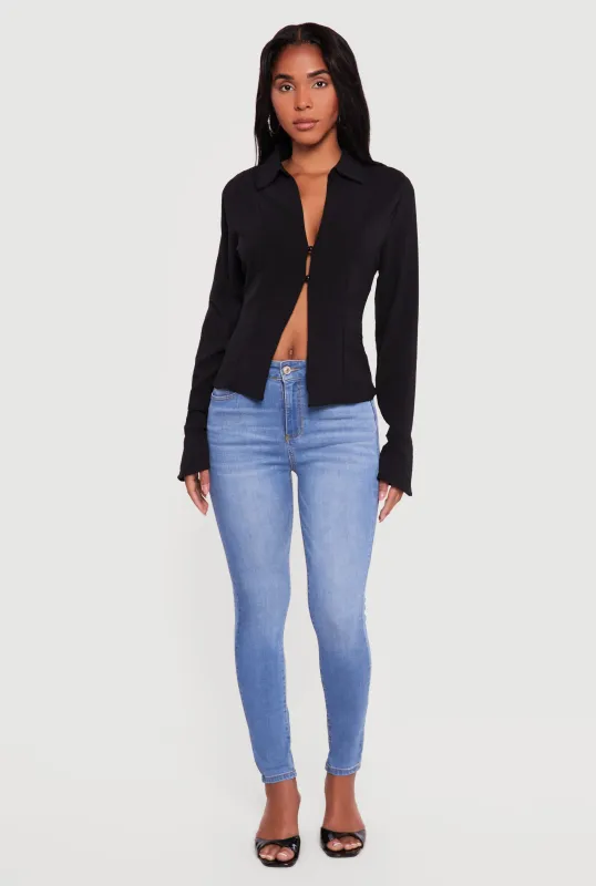 Tie Back Pearl Button Front Bell Sleeve Blouse sold by Rainbow