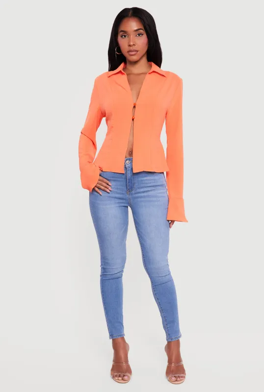 Tie Back Pearl Button Front Bell Sleeve Blouse sold by Rainbow