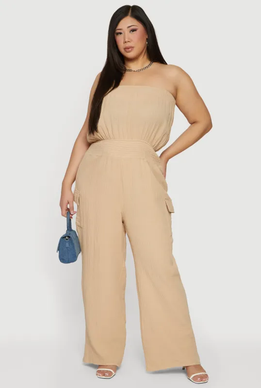 Plus Size Smock Waist Cargo Pocket Tube Jumpsuit sold by Rainbow