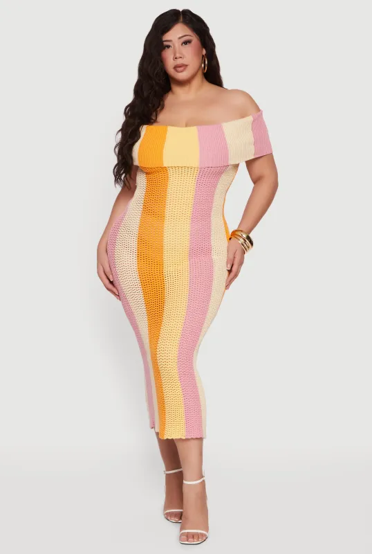 Plus Size Striped Crochet Fold Over Off The Shoulder Dress sold by Rainbow