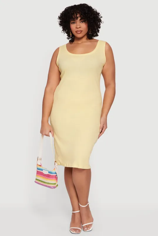 Plus Size Rib Knit Scoop Neck Tank Midi Dress made by Ambiance