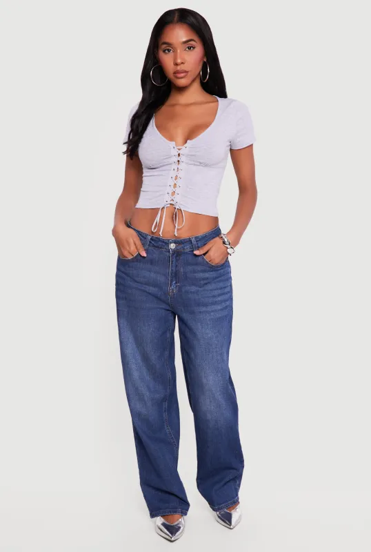 Lace Up Front Short Sleeve V-Neck Crop Top made by Ambiance
