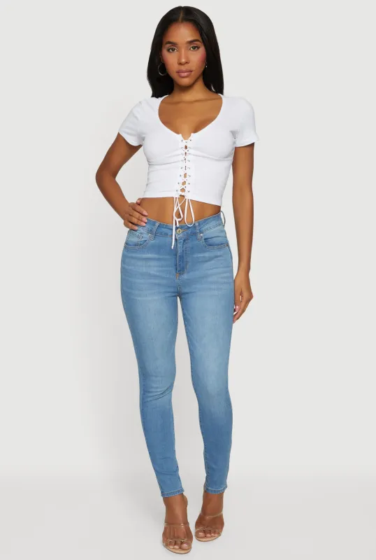 Lace Up Front Short Sleeve V-Neck Crop Top sold by Rainbow