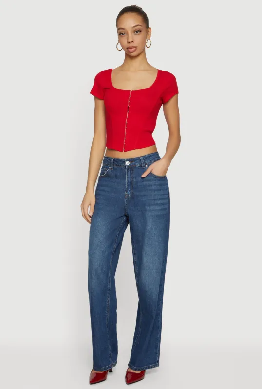 Rib Knit Hook and Eye Front Corset Crop Top sold by Rainbow