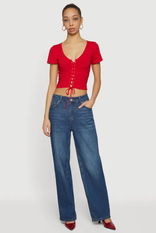 Lace Up Front Short Sleeve V-Neck Crop Top sold by Rainbow