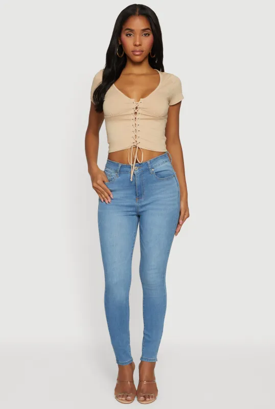 Lace Up Front Short Sleeve V-Neck Crop Top sold by Rainbow