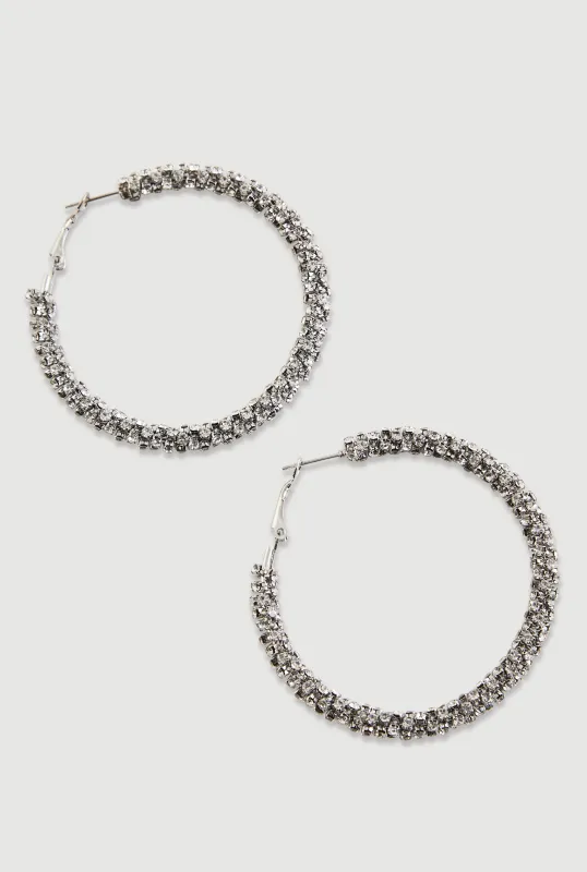 Rhinestone Encrusted Metallic Hoop Earrings sold by Rainbow