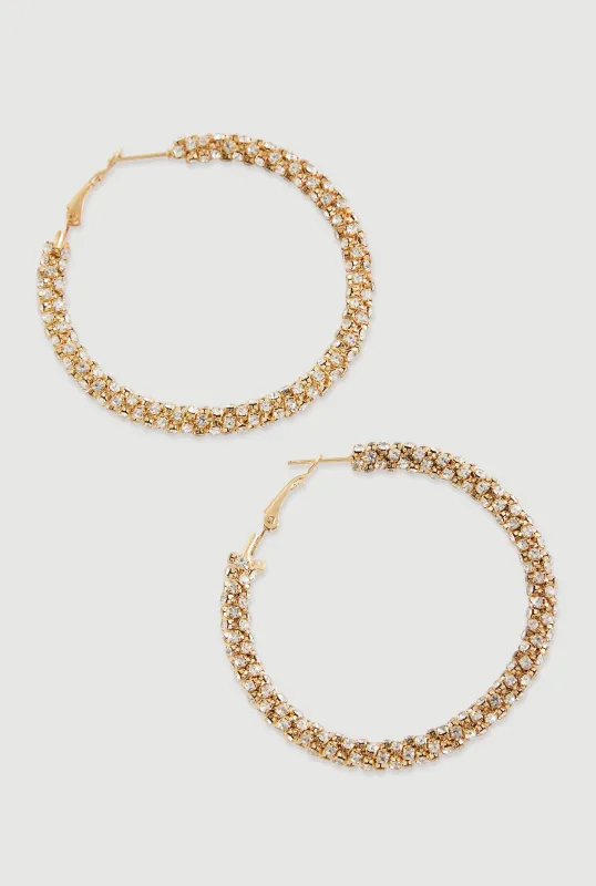 Rhinestone Encrusted Metallic Hoop Earrings sold by Rainbow