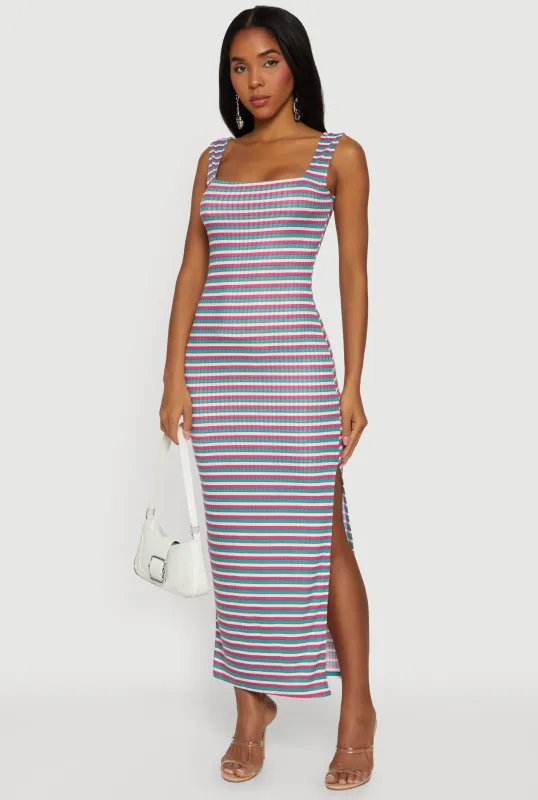 Striped Rib Knit Square Neck Side Slit Maxi Dress sold by Rainbow
