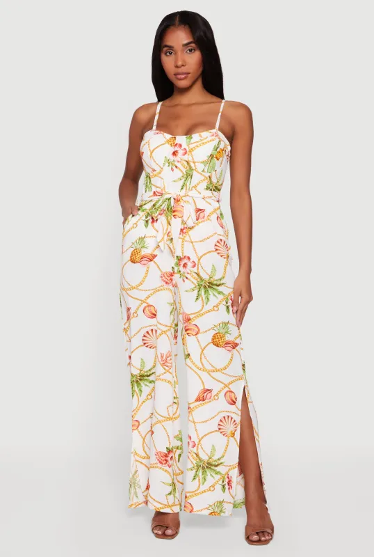 Crepe Knit Patterned Jumpsuit with Tie Waist Belt sold by Rainbow