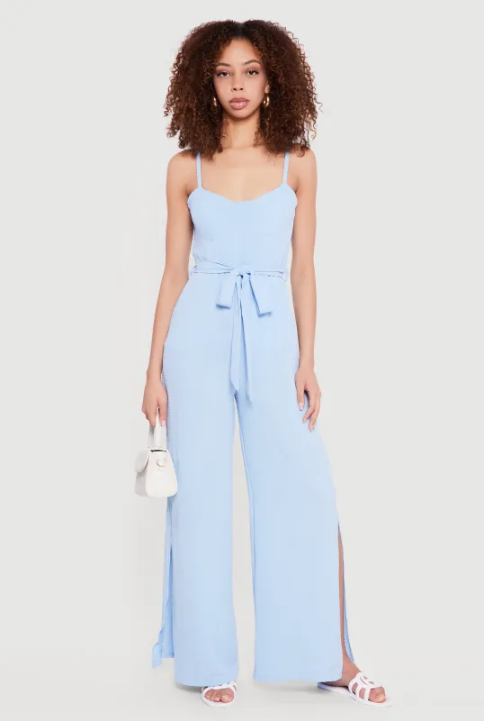 Crepe Knit Tie Waist Belted Side Slit Bustier Jumpsuit sold by Rainbow
