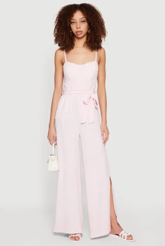 Crepe Knit Tie Waist Belted Side Slit Bustier Jumpsuit sold by Rainbow