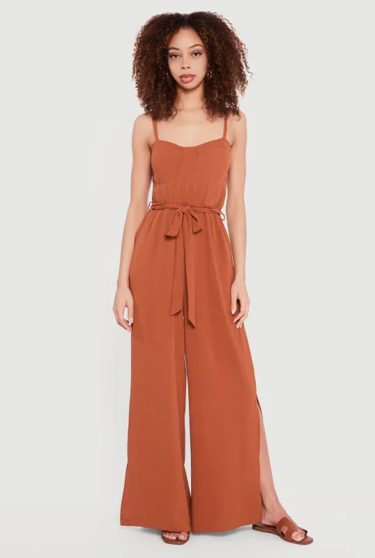 Crepe Knit Tie Waist Belted Side Slit Bustier Jumpsuit sold by Rainbow
