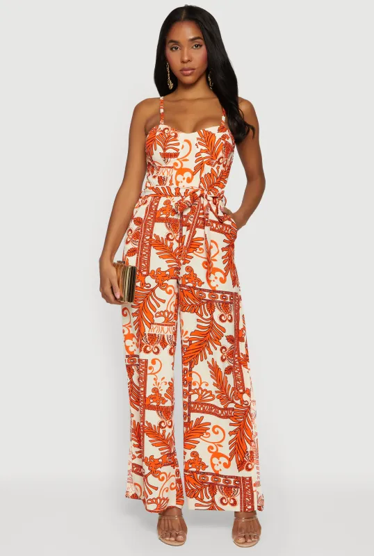 Crepe Knit Patterned Jumpsuit with Tie Waist Belt sold by Rainbow