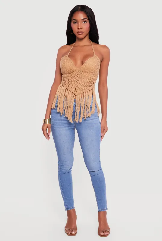 Crochet Tie Back Fringe Halter Top sold by Rainbow