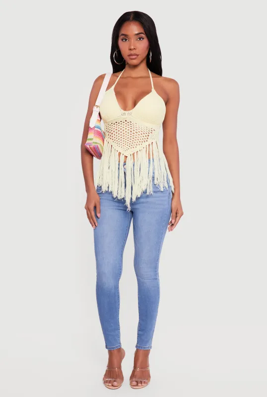 Crochet Tie Back Fringe Halter Top sold by Rainbow