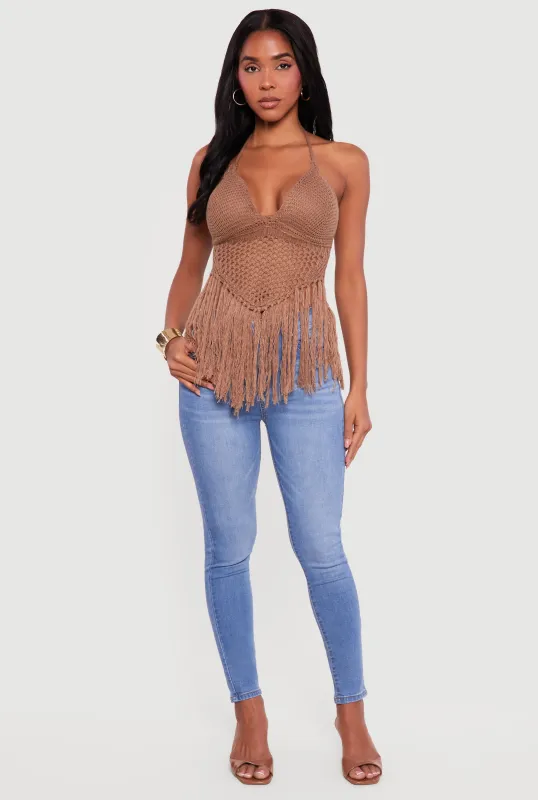 Crochet Tie Back Fringe Halter Top sold by Rainbow