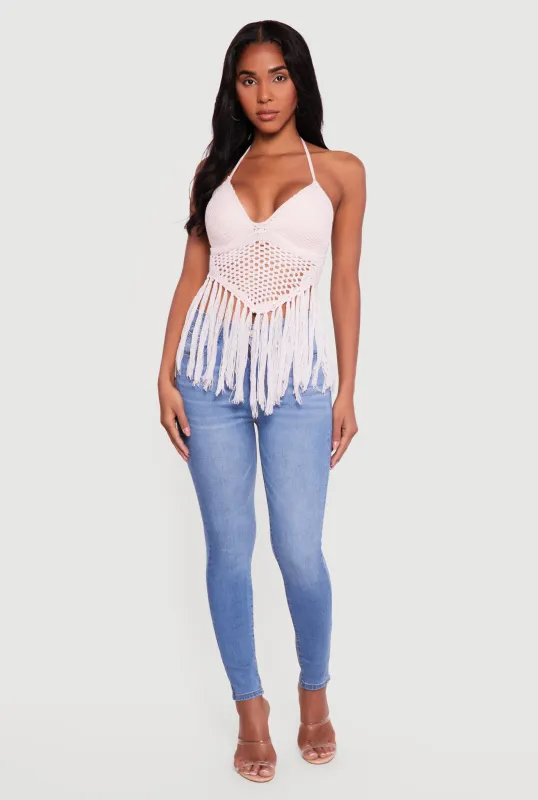 Crochet Tie Back Fringe Halter Top made by Rainbow