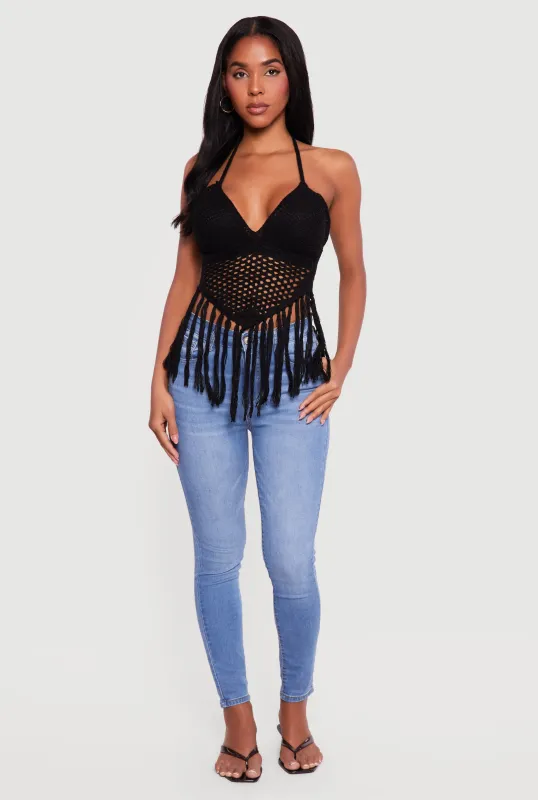 Crochet Tie Back Fringe Halter Top sold by Rainbow
