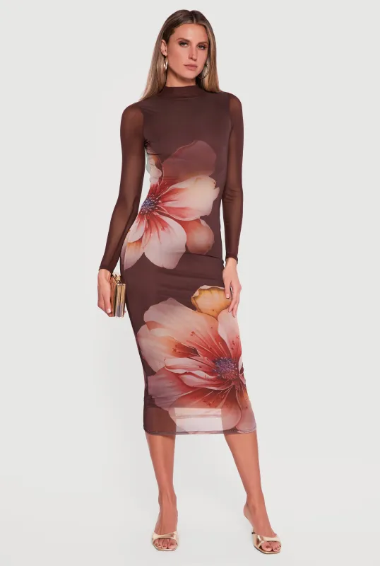 Almost Famous Floral Mesh Open Back Long Sleeve Dress sold by Rainbow