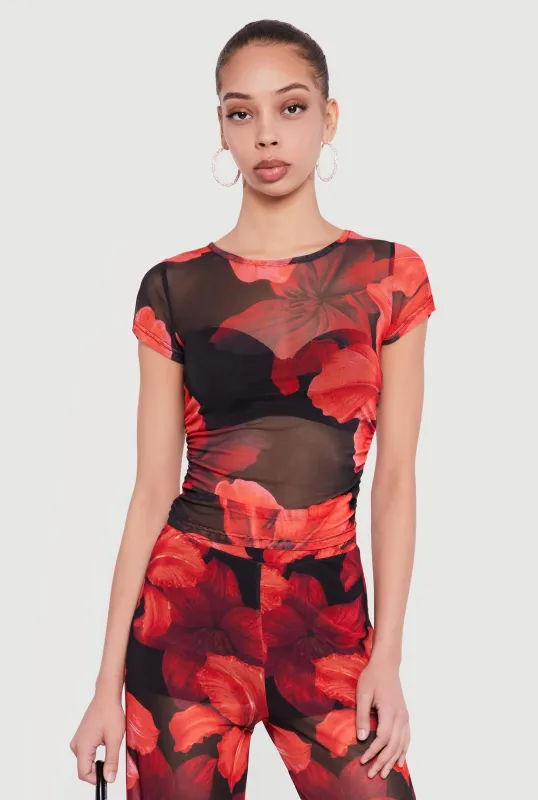 Floral Mesh Ruched Side Top sold by Rainbow